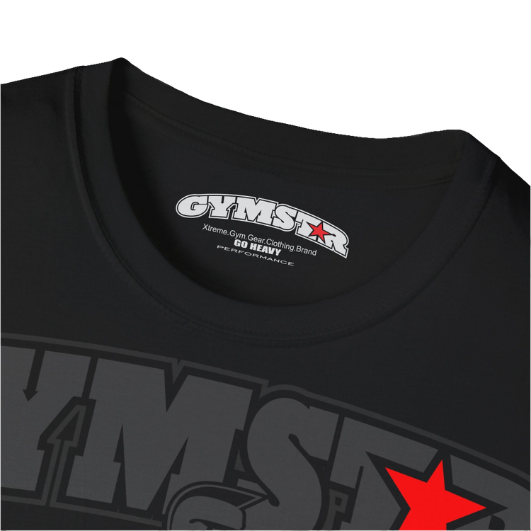 A  black Gymstar t-shirt with a graphic print Bad Attitude and a barbell in the center, designed for fitness and sports. Front logo close up view.