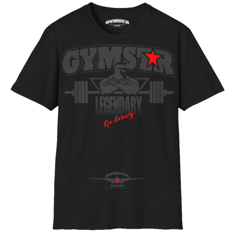 A  black Gymstar t-shirt with a graphic print Bad Attitude and a barbell in the center, designed for fitness and sports. Front  view.