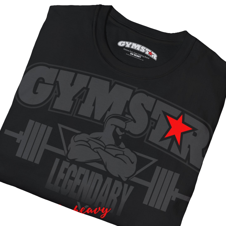 A  black Gymstar t-shirt with a graphic print Bad Attitude and a barbell in the center, designed for fitness and sports. Front close up view.