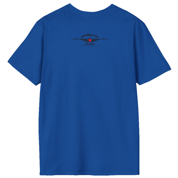 A  blue Gymstar t-shirt with a graphic print Bad Attitude and a barbell in the center, designed for fitness and sports. Front view.