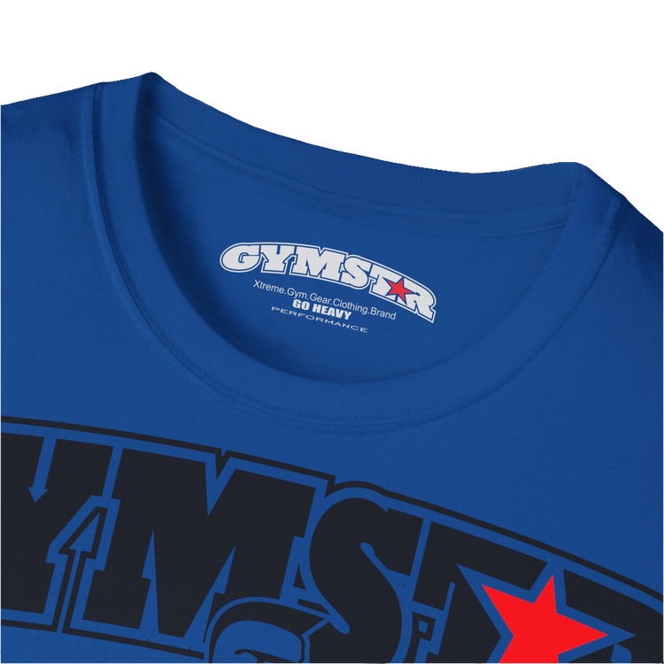 A  blue Gymstar t-shirt with a graphic print Bad Attitude and a barbell in the center, designed for fitness and sports. Front logo close up view.