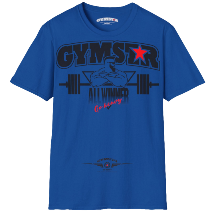 A  blue Gymstar t-shirt with a graphic print Bad Attitude and a barbell in the center, designed for fitness and sports. Front  view.