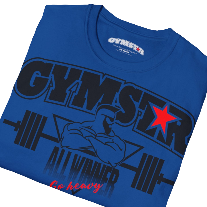 A  blue Gymstar t-shirt with a graphic print Bad Attitude and a barbell in the center, designed for fitness and sports. Front logo close up view.