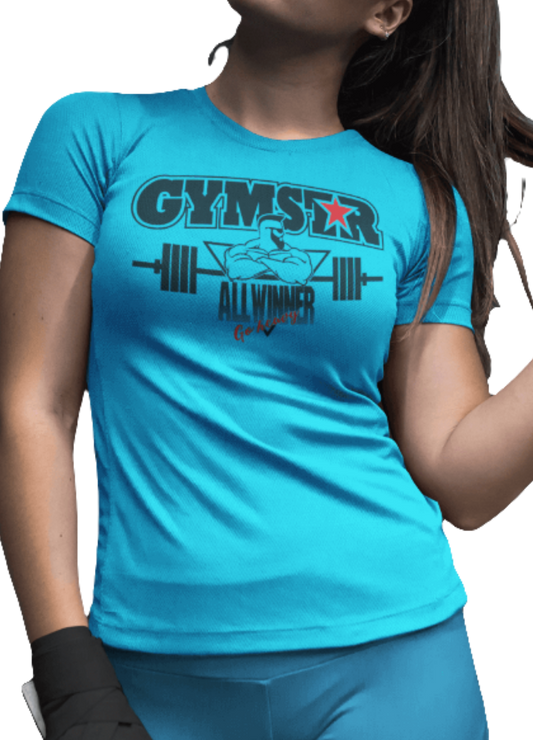 A woman wearing blue Gymstar t-shirt with a graphic print Athletic and a barbell in the center, designed for fitness and sports. Front close up view.
