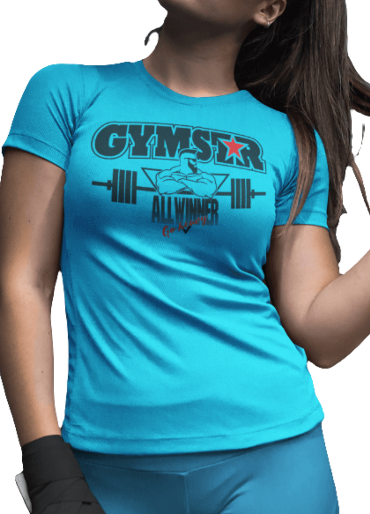 A woman wearing blue Gymstar t-shirt with a graphic print Athletic and a barbell in the center, designed for fitness and sports. Front close up view.