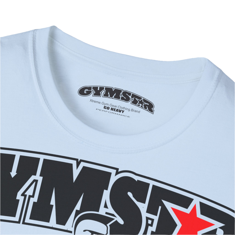 A  carolina blue Gymstar t-shirt with a graphic print Bad Attitude and a barbell in the center, designed for fitness and sports. Front logo close up view.