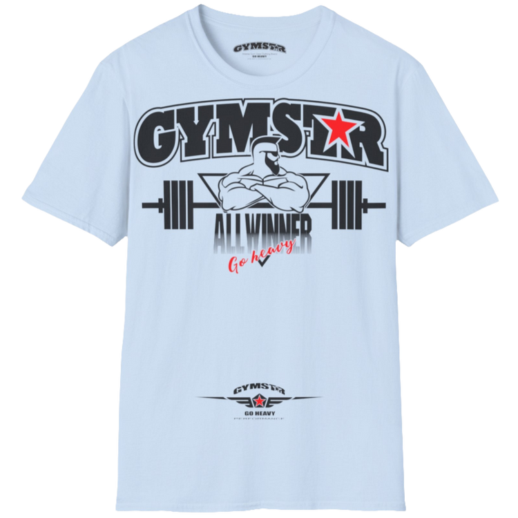 A  carolina blue Gymstar t-shirt with a graphic print Bad Attitude and a barbell in the center, designed for fitness and sports. Front  view.