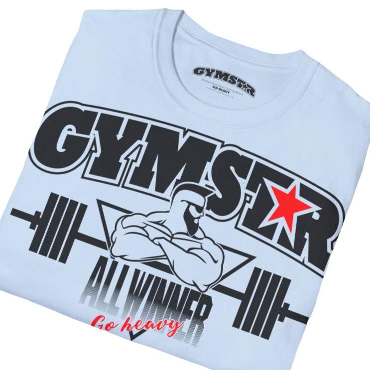 A  carolina blue Gymstar t-shirt with a graphic print Bad Attitude and a barbell in the center, designed for fitness and sports. Front close up view.