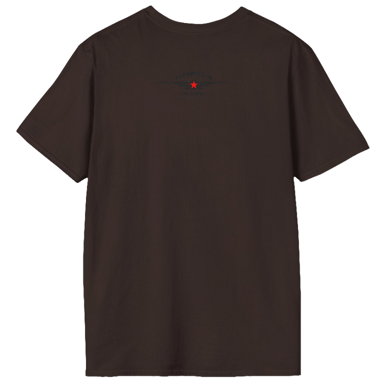 A  brown Gymstar t-shirt with a graphic print Bad Attitude and a barbell in the center, designed for fitness and sports. Rear view.