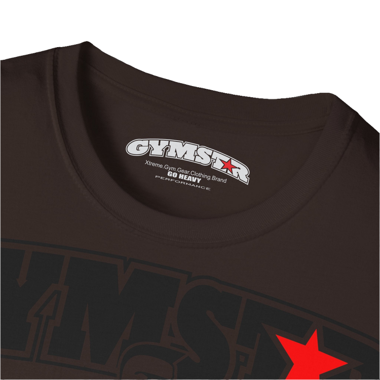 A  brown Gymstar t-shirt with a graphic print Bad Attitude and a barbell in the center, designed for fitness and sports. Front logo close up view.