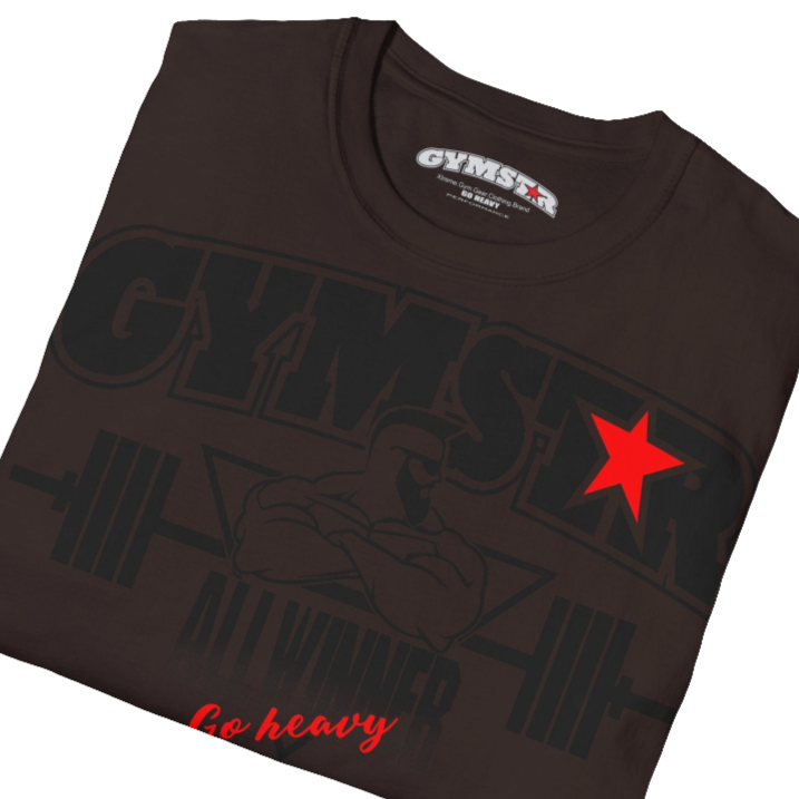 A  brown Gymstar t-shirt with a graphic print Bad Attitude and a barbell in the center, designed for fitness and sports. Front close up view.