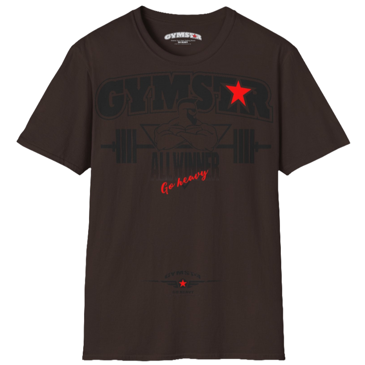 A brown Gymstar t-shirt with a graphic print Bad Attitude and a barbell in the center, designed for fitness and sports. Front  view.