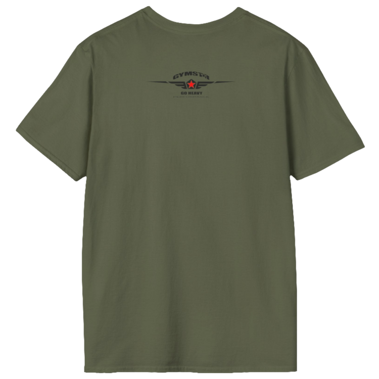A  military green Gymstar t-shirt with a graphic print Bad Attitude and a barbell in the center, designed for fitness and sports. Rear view.