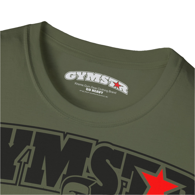 A  military green Gymstar t-shirt with a graphic print Bad Attitude and a barbell in the center, designed for fitness and sports. Front logo close up view.