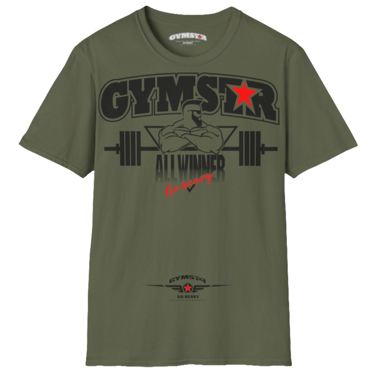 A  military green Gymstar t-shirt with a graphic print Bad Attitude and a barbell in the center, designed for fitness and sports. Front  view.
