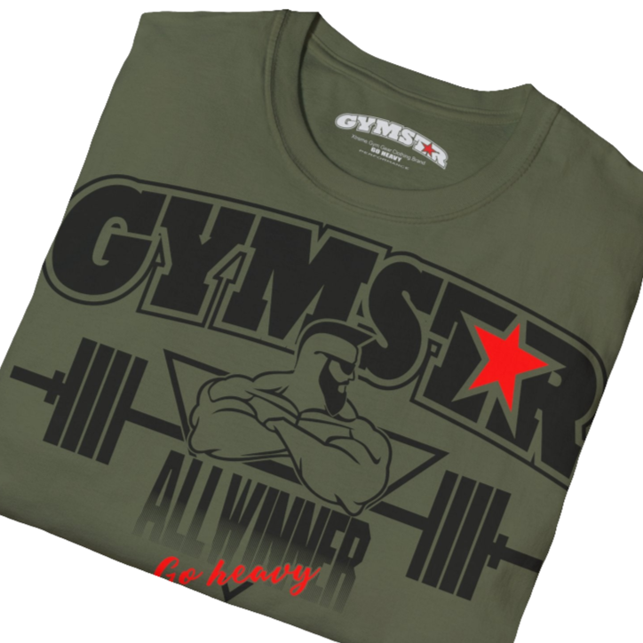 A  military green Gymstar t-shirt with a graphic print Bad Attitude and a barbell in the center, designed for fitness and sports. Front close up view.