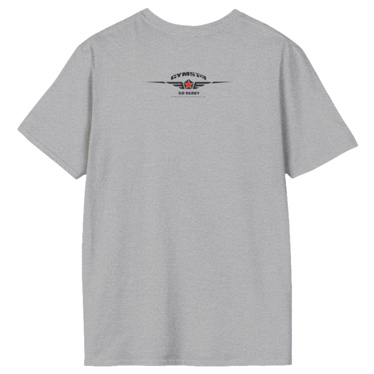A  silver grey Gymstar t-shirt with a graphic print Bad Attitude and a barbell in the center, designed for fitness and sports. Rear view.