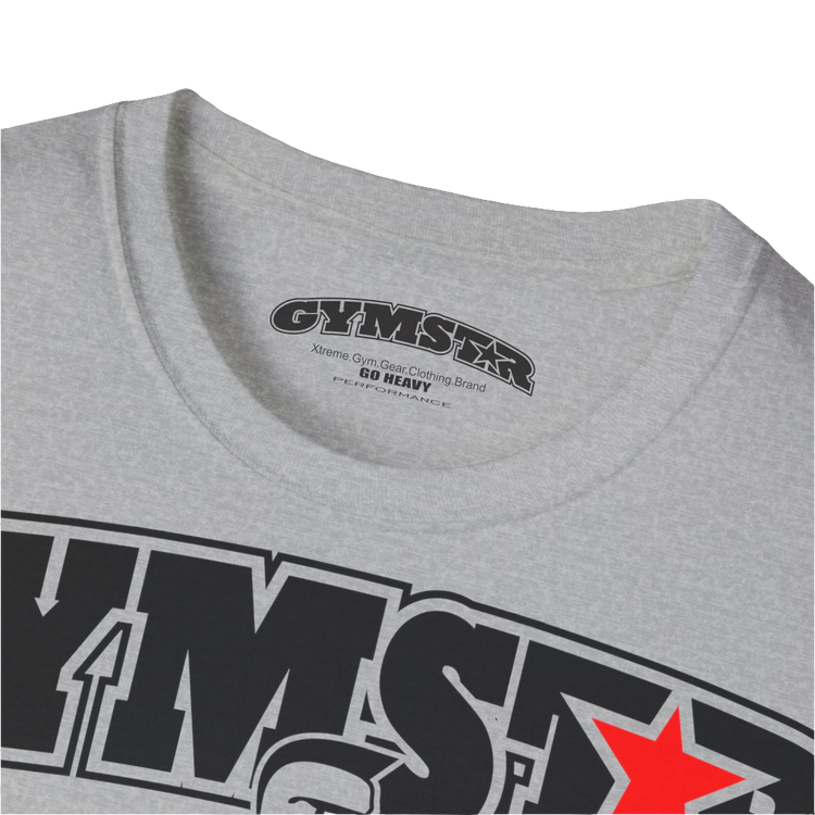 A  carolina blue Gymstar t-shirt with a graphic print Bad Attitude and a barbell in the center, designed for fitness and sports. Front logo close up view.