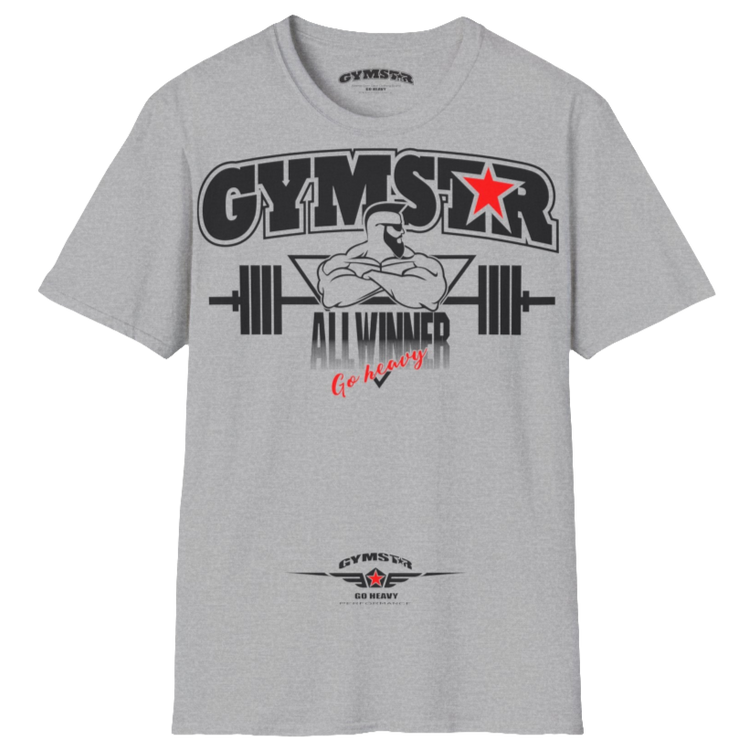 A  silver grey Gymstar t-shirt with a graphic print Bad Attitude and a barbell in the center, designed for fitness and sports. Front  view.