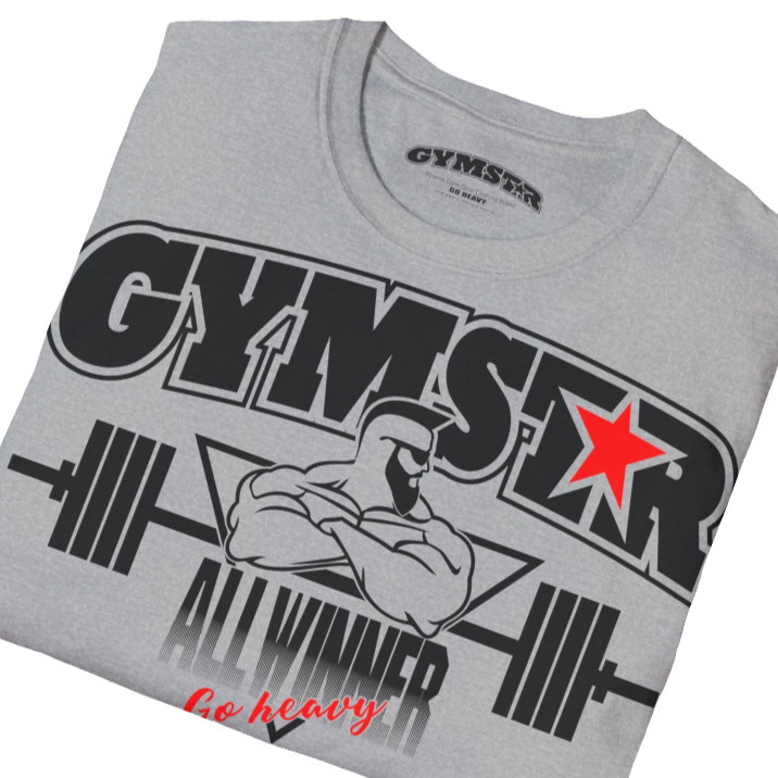 A  carolina blue Gymstar t-shirt with a graphic print Bad Attitude and a barbell in the center, designed for fitness and sports. Front close up view.