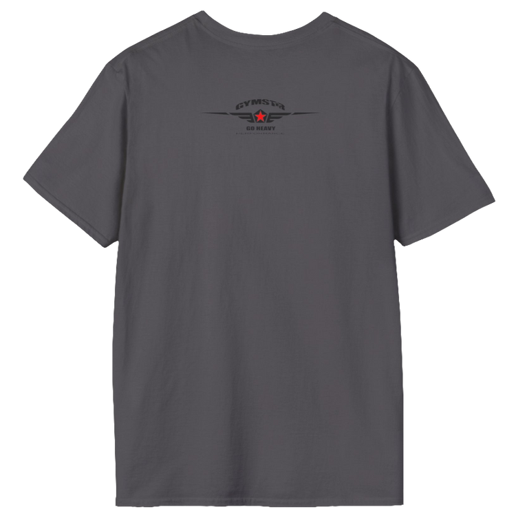 A  sport grey Gymstar t-shirt with a graphic print Bad Attitude and a barbell in the center, designed for fitness and sports. Rare view.