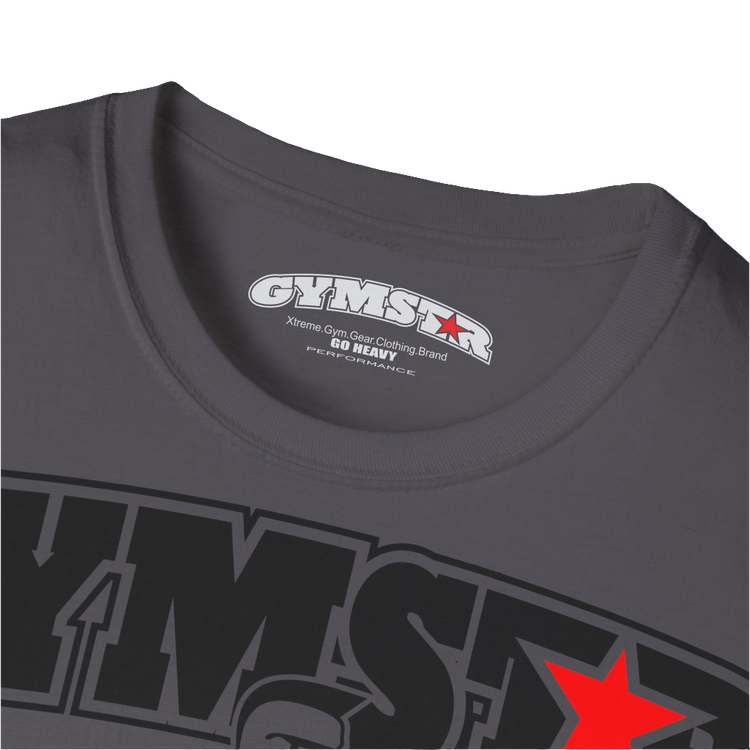 A  sport grey Gymstar t-shirt with a graphic print Bad Attitude and a barbell in the center, designed for fitness and sports. Front logo close up view.