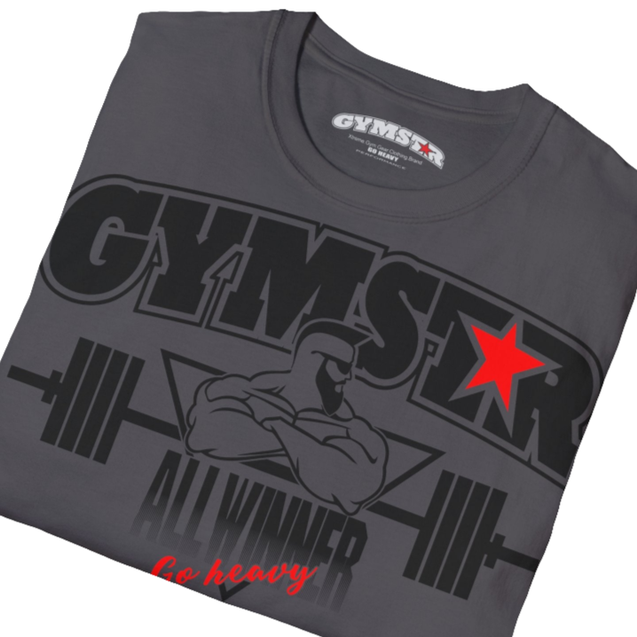 A  sport grey Gymstar t-shirt with a graphic print Bad Attitude and a barbell in the center, designed for fitness and sports. Front close up view.