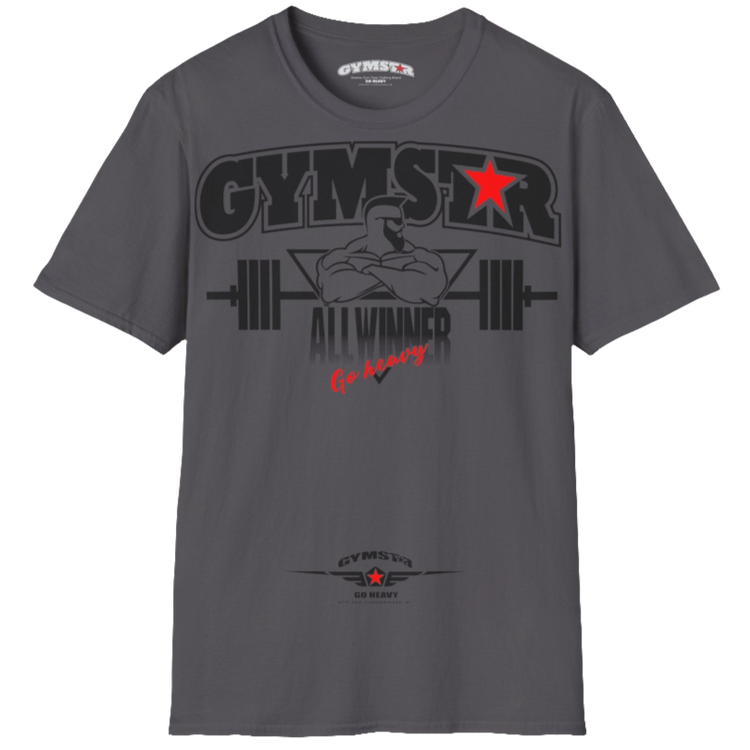 A  sport grey Gymstar t-shirt with a graphic print Bad Attitude and a barbell in the center, designed for fitness and sports. Front  view.