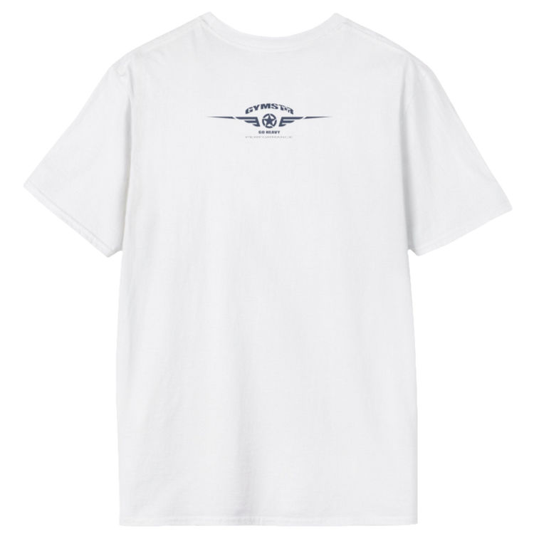 A  white Gymstar t-shirt with a graphic print Bad Attitude and a barbell in the center, designed for fitness and sports. Rear view.