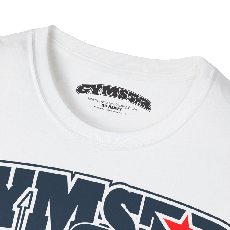 A  white Gymstar t-shirt with a graphic print Bad Attitude and a barbell in the center, designed for fitness and sports. Front logo close up view.