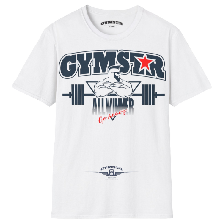 A  white Gymstar t-shirt with a graphic print Bad Attitude and a barbell in the center, designed for fitness and sports. Front  view.
