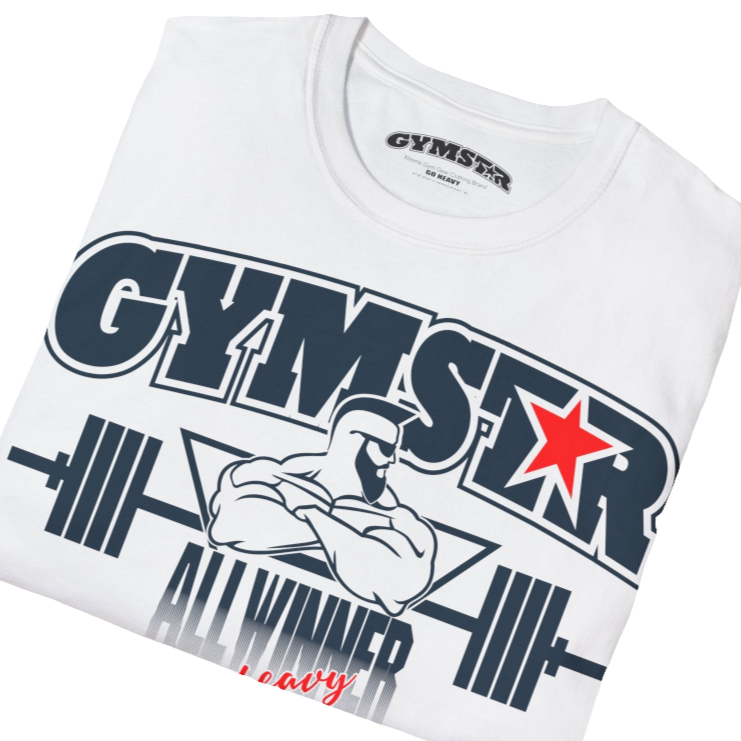 A  white Gymstar t-shirt with a graphic print Bad Attitude and a barbell in the center, designed for fitness and sports. Front close up view.