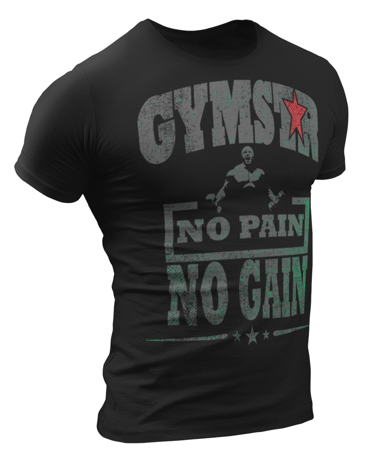 Sporty, black cotton Gymstar fitness t-shirt No Pain No Gain It with a "man lifting dumbels" motivating design a . Close-up front view.