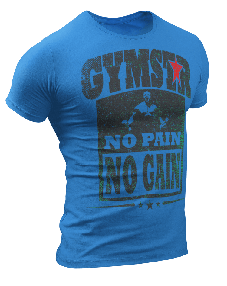 Sporty, blue cotton Gymstar fitness t-shirt No Pain No Gain It with a "man lifting dumbels" motivating design a . Close-up front view.