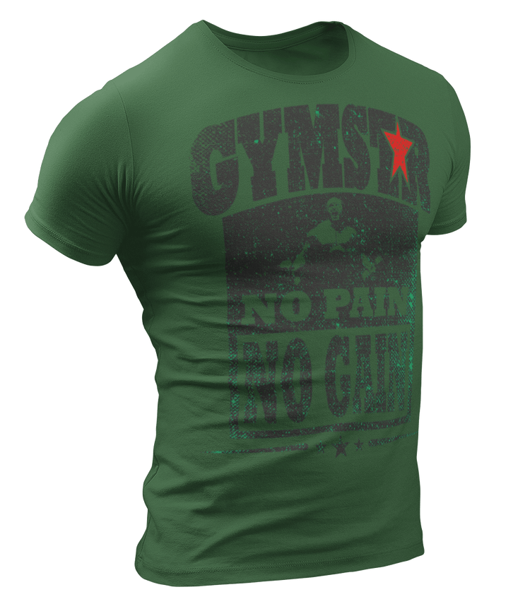 Sporty, green cotton Gymstar fitness t-shirt No Pain No Gain It with a "man lifting dumbels" motivating design a . Close-up front view.