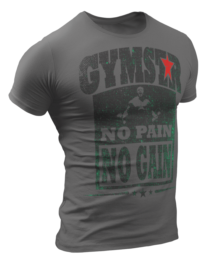 Sporty, sport grey cotton Gymstar fitness t-shirt No Pain No Gain It with a "man lifting dumbels" motivating design a . Close-up front view.
