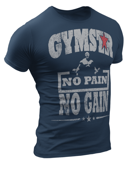 Sporty, blue navy cotton Gymstar fitness t-shirt No Pain No Gain It with a "man lifting dumbels" motivating design a . Close-up front view.