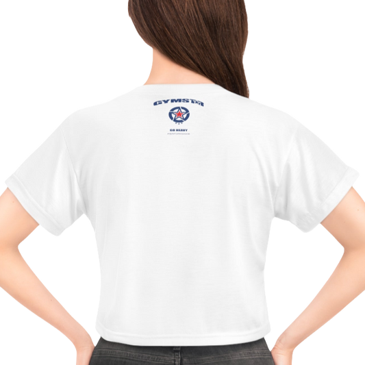 A woman wearing a white crop Gymstar tee with a red and black graphic that reads 'Best Bodies' and has a silhouette of a person engaging in an activity, presumably yoga or fitness. Rear view.