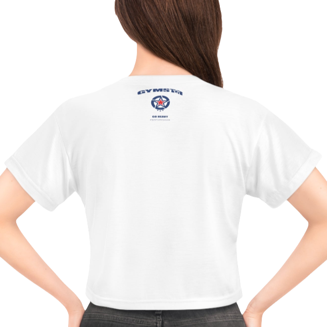 A woman wearing a white crop Gymstar tee with a red and black graphic that reads 'Best Bodies' and has a silhouette of a person engaging in an activity, presumably yoga or fitness. Rear view.