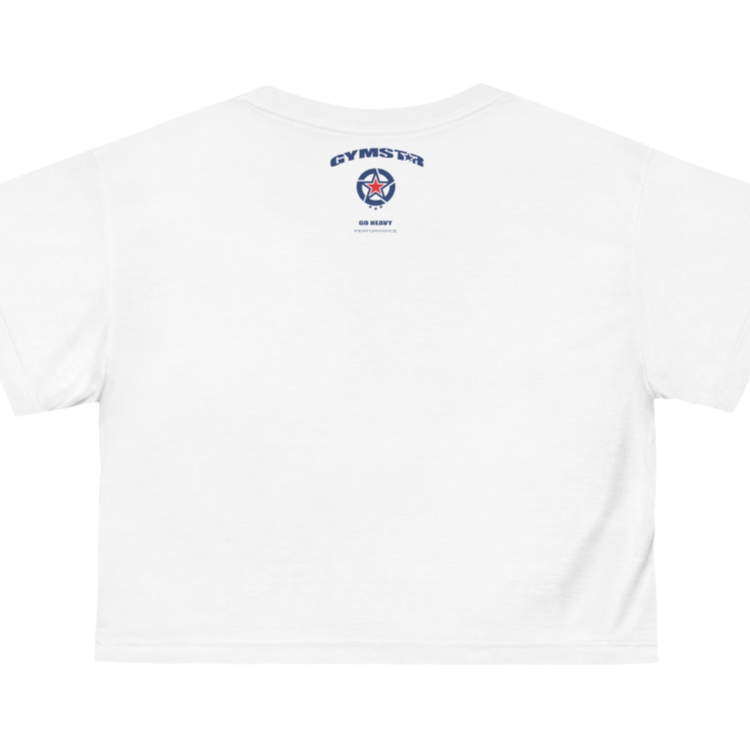 A white crop Gymstar tee with a red and black graphic that reads 'Best Bodies' and has a silhouette of a person engaging in an activity, presumably yoga or fitness. Rear view.