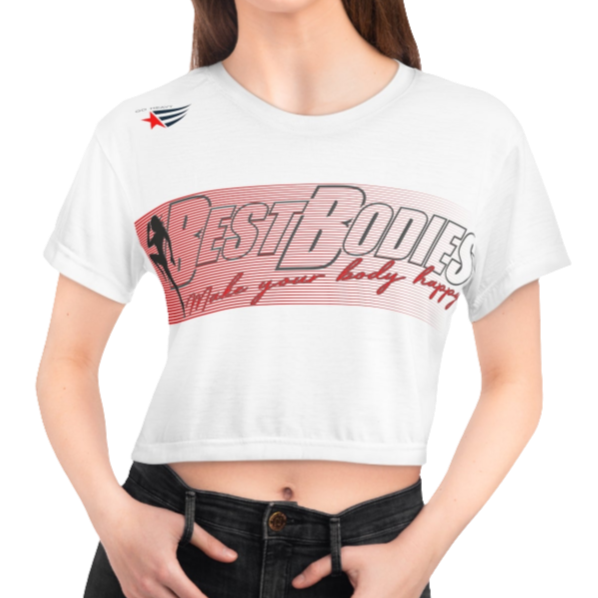 A woman wearing a white crop Gymstar tee with a red and black graphic that reads 'Best Bodies' and has a silhouette of a person engaging in an activity, presumably yoga or fitness.