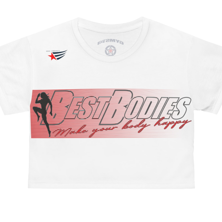 A white crop Gymstar tee with a red and black graphic that reads 'Best Bodies' and has a silhouette of a person engaging in an activity, presumably yoga or fitness.