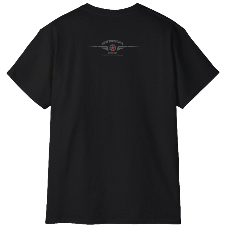 A black Gymstar t-shirt with a graphic print Blood, Sweat and Iron and a barbell in the center, designed for fitness and sports. Rear view.