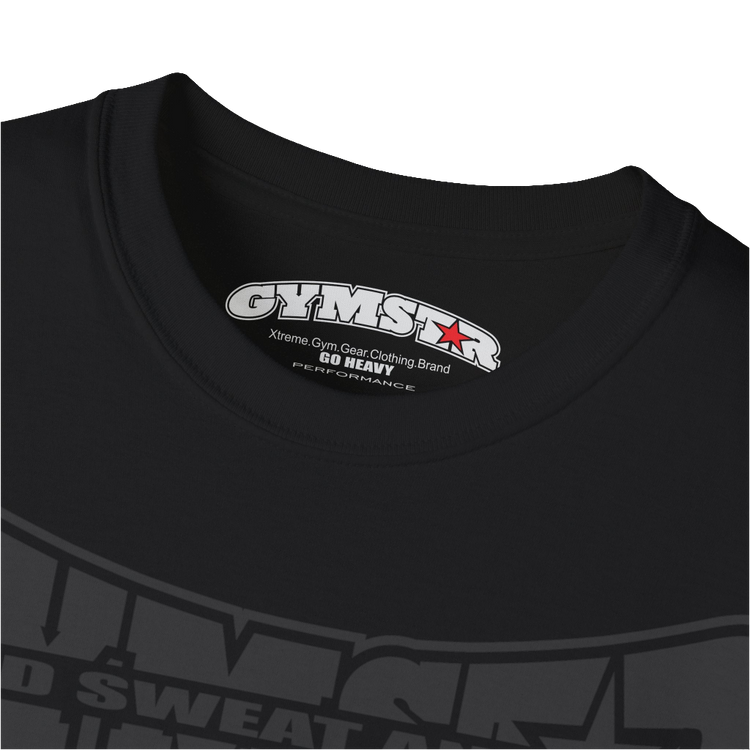 A black Gymstar t-shirt with a graphic print Blood, Sweat and Iron and a barbell in the center, designed for fitness and sports. Front logo close up view.