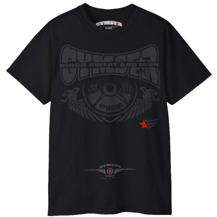 A black Gymstar t-shirt with a graphic print Blood, Sweat and Iron and a barbell in the center, designed for fitness and sports. Front view.
