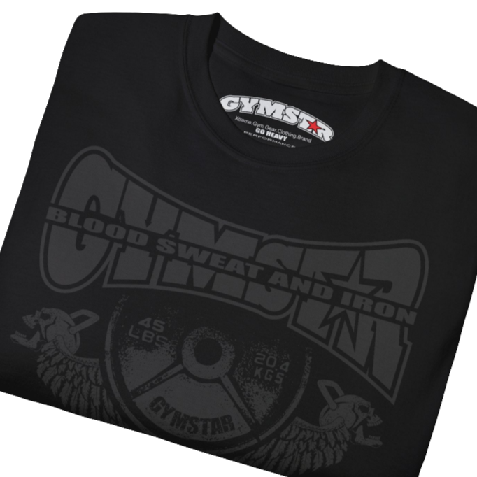 A black Gymstar t-shirt with a graphic print Blood, Sweat and Iron and a barbell in the center, designed for fitness and sports. Front close up view.