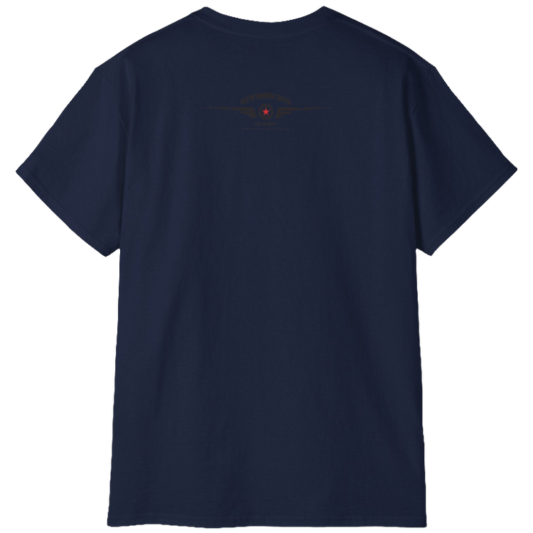 A  navy blue Gymstar t-shirt with a graphic print Blood, Sweat and Iron and a barbell in the center, designed for fitness and sports. Rear view.