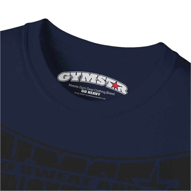 A  navy blue Gymstar t-shirt with a graphic print Blood, Sweat and Iron and a barbell in the center, designed for fitness and sports. Front logo close up view.