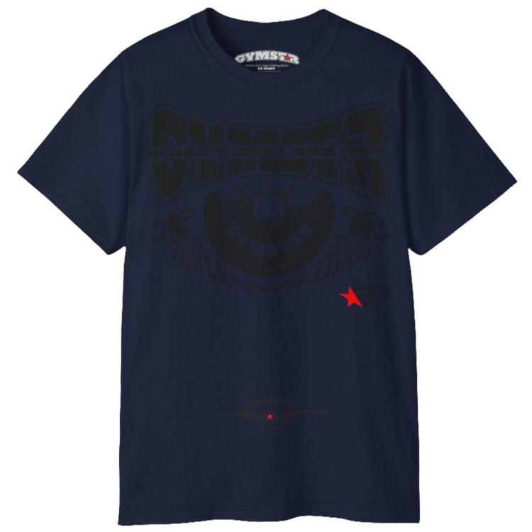 A  sport navy blue Gymstar t-shirt with a graphic print Blood, Sweat and Iron and a barbell in the center, designed for fitness and sports. Front  view.