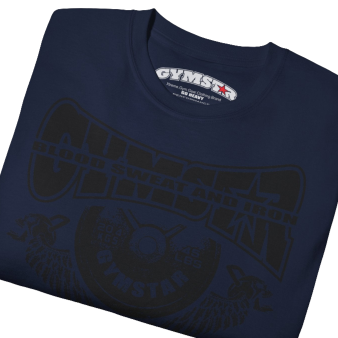 A  navy blue Gymstar t-shirt with a graphic print Blood, Sweat and Iron and a barbell in the center, designed for fitness and sports. Front close up view.